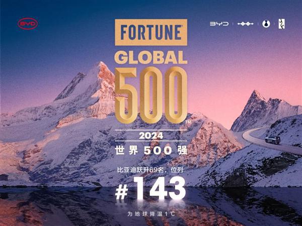 龙8long8，上升最快车企！比亚迪攀升2024年《财富》世界500强第143位